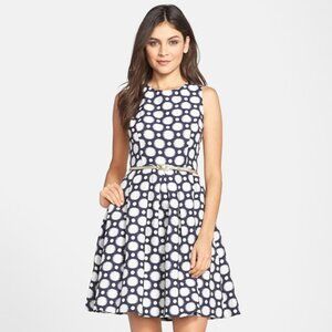 Eliza J Sleeveless Polka Dot Dress A Line Fit Flare Navy XSP 0P 2P Wedding Races